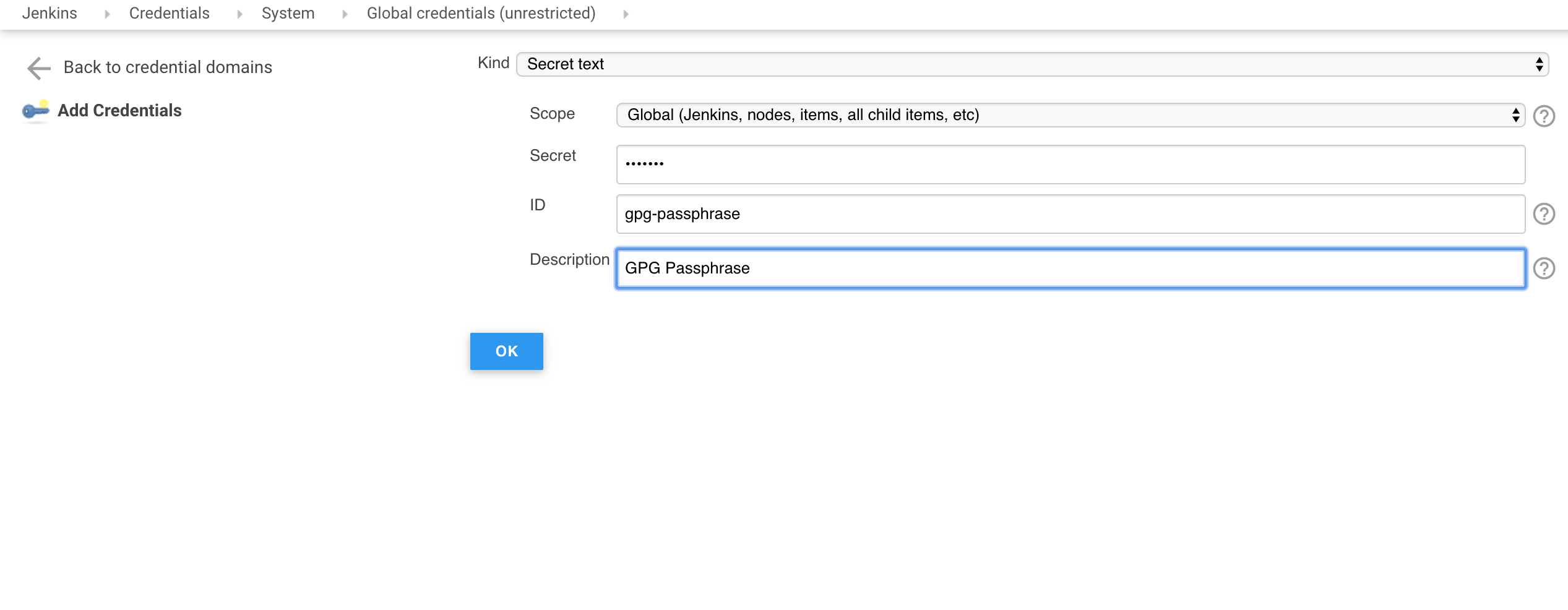 Add a passphrase of gpg private key as credentials as a kind secret text